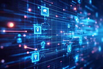 Fototapeta premium Digital Network: Glowing Icons, Data Stream, Blue Tech Grid.