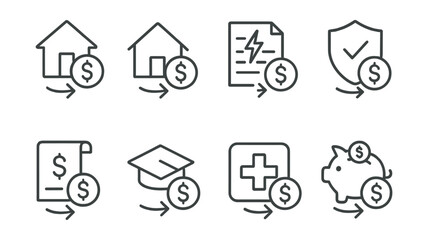 Line style icons of transactions: mortgage payment transaction, rent payment transaction, utility bill transaction, insurance premium transaction, tax payment transaction, tuition payment transaction