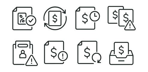 Line style icons of transactions: cashback notification, cashback processing, delayed transaction notice, duplicate transaction alert, missing payment report, unclaimed payment alert, returned