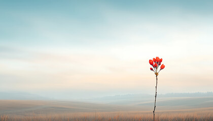 Lone flower with misty field sunrise.