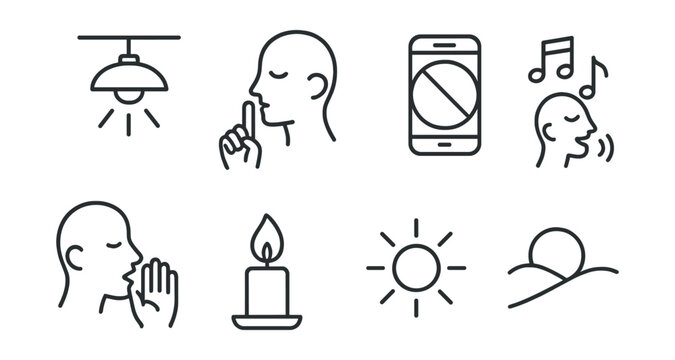 Line style icons of bathhouse: bathhouse interior light, quiet zone symbol, no phone sign, relax music icon, whispering symbol, candle flame, soft glow icon, peaceful atmosphere.