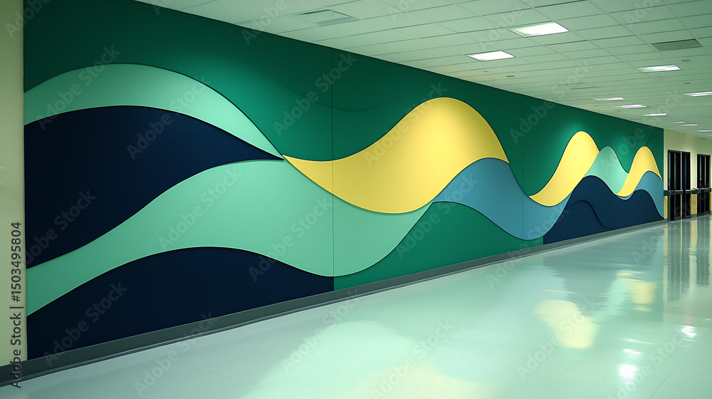 Poster mural flowing abstract curves interwoven patterns in muted greens and yellows decorates the step dow