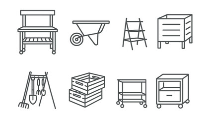 Line style icons of garden structures: mobile potting bench, wheelbarrow table, collapsible shelf, lightweight compost bin, foldable tool rack, stackable boxes, mobile frame base, storage on wheels.