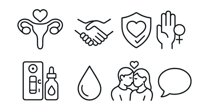 Line style icons of women&rsquo;s health: sexual health icon, consent handshake, pleasure and safety badge, body autonomy symbol, STI testing kit, lubrication drop, healthy intimacy icon, communication