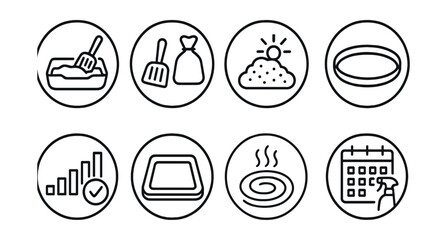 Obraz na płótnie Canvas Line style icons of pets at home: litter box clean icon, scoop and bag symbol, fresh litter badge, potty training chart, indoor potty pad ring, odor control icon, sand refill icon, cleaning schedule.