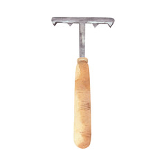 Garden rake with wooden handle. Hand drawn with watercolors. Gardening tools, isolated on a white background. For design, layouts