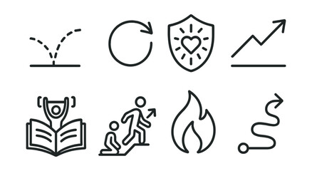 Line style icons of motivation and inspiration: bounce back icon, comeback arrow, resilient core badge, rise again line, learn and lift icon, fall and stand symbol, keep going flame, no quit path.