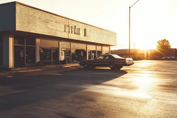 Obraz premium Sunset over an abandoned storefront with vintage car in parking lot