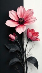 Obraz premium Abstract monochrome floral composition; stark contrasts, stylized blooms, graphic lines, surreal, lines
