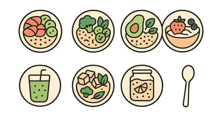 Outline with Fill vector icons of healthy food bowls in circles: poke bowl, quinoa salad, avocado mix, fruit yogurt, green smoothie, tofu bowl, chia jar, spoon.