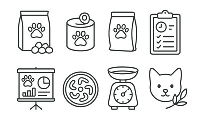 Line style icons of pet food and nutrition: dry kibble, wet food can, treat pouch, feeding schedule, pet nutrition chart, slow feeder bowl, food scale, diet icon.