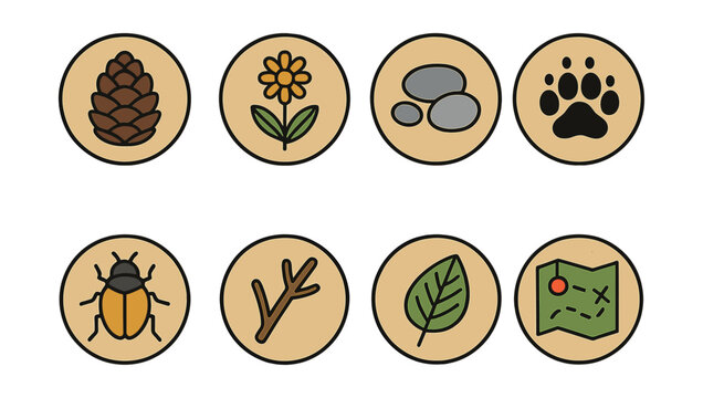 Outline with Fill vector icons of nature hike finds in circles: pine cone, wildflower, stream stone, animal track, insect, twig, leaf print, trail map.