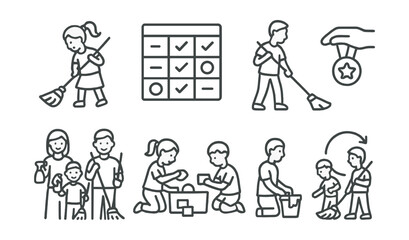 Line style icons of family chores: kids with broom, chore chart, shared cleaning task, reward for chores, parents and kids cleaning, tidy teamwork, “your turn” icon, chore rotation.