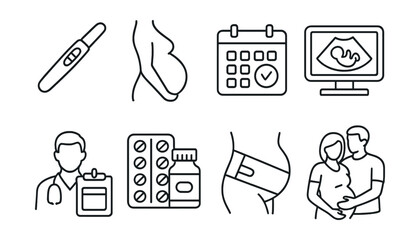 Line style icons of pregnancy: positive pregnancy test, baby bump, calendar with due date, ultrasound screen, doctor appointment, vitamins pack, belly support belt, expecting couple.