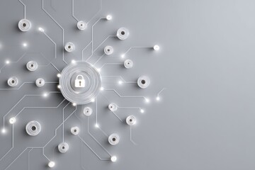 Illuminated padlock on a circular circuit board with connected nodes and glowing lights