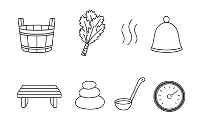 Line style icons of bathhouse: wooden bucket, birch broom (venik), steam rising icon, sauna hat, wooden bench, hot stones, ladle for water, round thermometer.