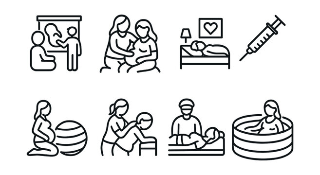 Line style icons of pregnancy: childbirth class icon, doula support, home birth setup, epidural syringe, birth ball, massage during labor, C-section preparation, birthing pool.
