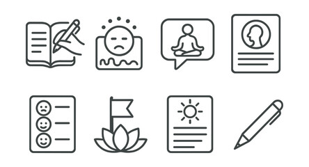 Line style icons of meditation and mindfulness: mindful journaling, emotion tracker, present moment quote, awareness notes, daily feeling log, intention setting icon, clarity sheet, reflection pen.