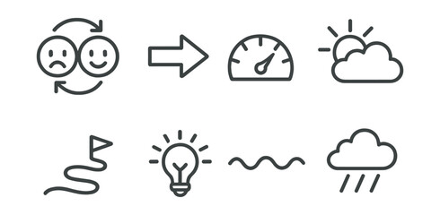 Line style icons of emotional recovery: mood shift indicator, “better now” arrow, recovery scale, cloud clearing icon, next step path, light returning icon, stable line, calm after storm.