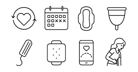 Line style icons of women’s health: menstrual cycle icon, period calendar, sanitary pad, menstrual cup, tampon icon, heat pack, cycle tracking app, cramp relief pose.