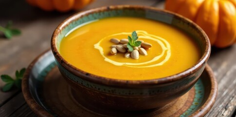 Creamy pumpkin soup in rustic bowl, garnished with seeds, Thanksgiving, bowl