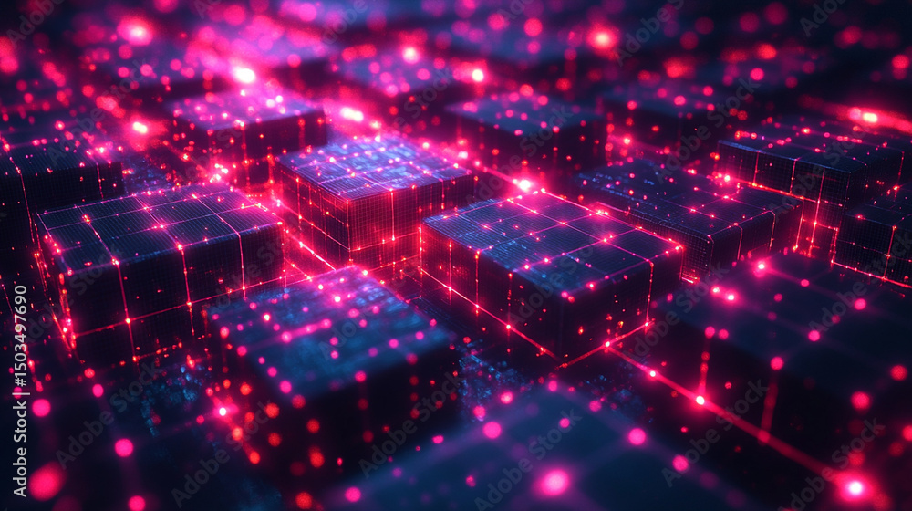 Poster abstract glowing network of interconnected cubes.
