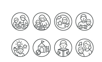 Line style icons of family and parenting: play with blocks icon, drawing together ring, toy rotation chart, shared game symbol, child creativity badge, indoor play zone, reading time icon, music with