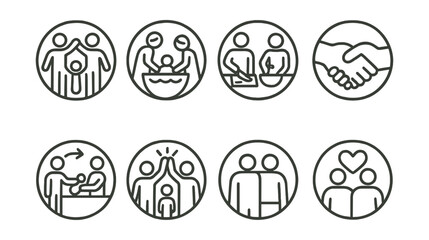 Line style icons of family and parenting: teamwork parenting icon, partner and baby bath icon, dinner prep together, shift sharing badge, tag-in moment, high-five in parenting, united front symbol,