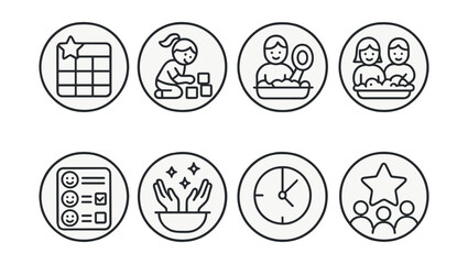 Line style icons of family and parenting: household chore chart, clean up game icon, laundry helper badge, dish together symbol, family task board, tidy up ring, rhythm of responsibility,
