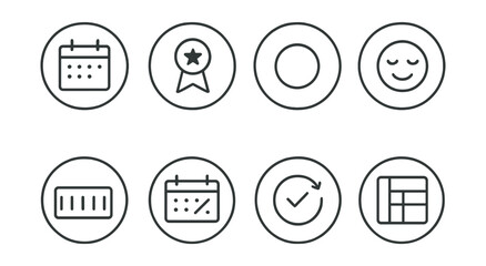 Line style icons of digital minimalism: minimalist digital calendar, only key events badge, blank space ring, low-stress layout icon, week at a glance symbol, no-overbooked day, intentional planning