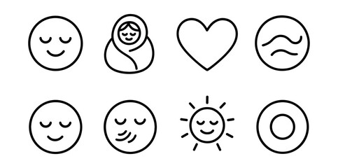 Line style icons of emotions and moods: contentment face icon, cozy blanket badge, full heart symbol, slow joy ring, relaxed presence circle, fulfilled breath, mellow glow, present state icon.