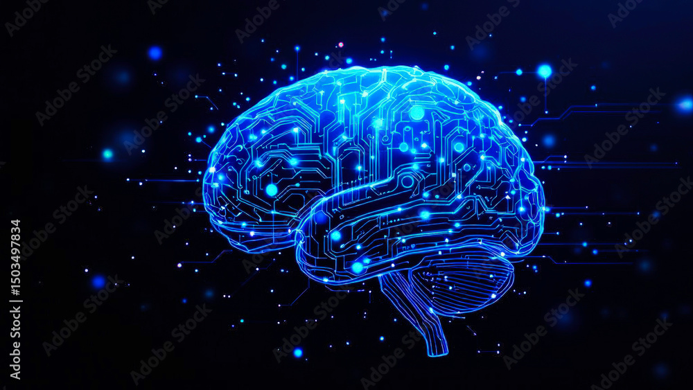 Poster artificial intelligence brain with glowing digital neural network connections