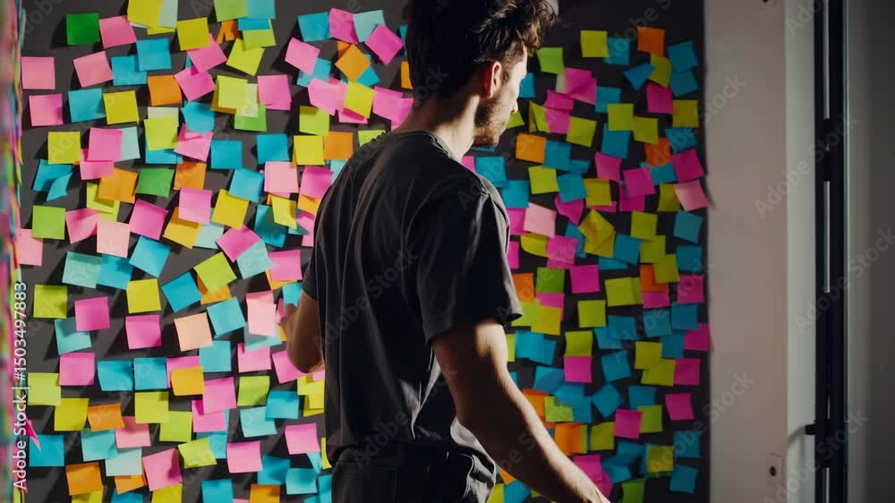 Poster creative brainstorming session with colorful sticky notes in office environment