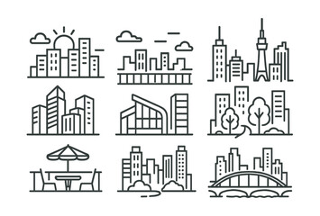 Fototapeta premium Line style icons of urban life: skyline with sunset, city view from rooftop, skyline with tower icon, skyscraper cluster, modern architecture icon, city park between buildings, rooftop terrace,