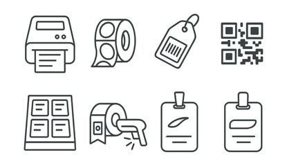 Line style icons of packaging and branding: label printer icon, round sticker roll, adhesive tag with barcode, QR code for product, printed label sheet, branded tape with logo, product scan tag,