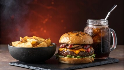 Beef Burger with Fries, Nuggets, and Pizza Slice on Slate with Red Smoke and Lemonade