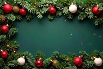 Luxurious evergreen garland, golden accents, vibrant red & white baubles , celebration, Garland