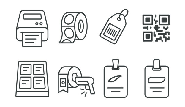 Line style icons of packaging and branding: label printer icon, round sticker roll, adhesive tag with barcode, QR code for product, printed label sheet, branded tape with logo, product scan tag,