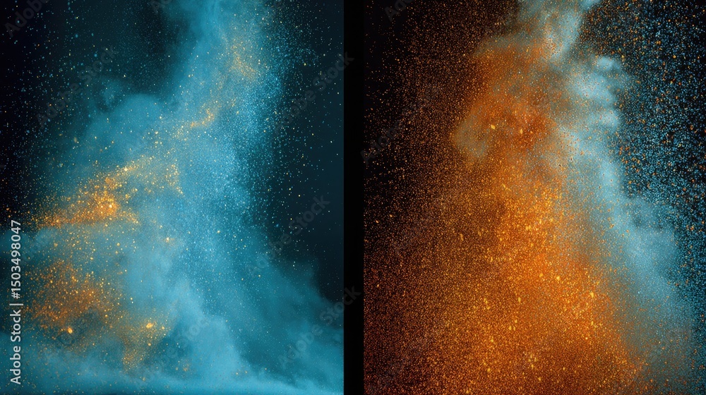 Poster nebula dust azure with amber particle explosioncosmic cloud texture.