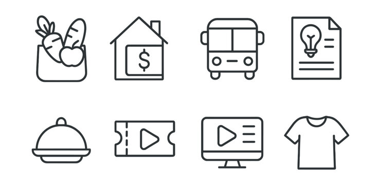 Line style icons of expense categories: groceries icon, rent payment, transportation fare, utility bills, dining out, entertainment cost, subscription fees, clothing purchase.