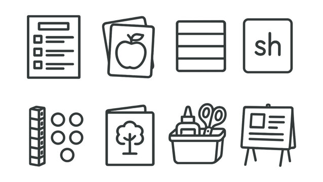Line style icons of educational materials: printable worksheet, flashcard stack, word wall icon, phonics sound card, math manipulative set, themed unit icon, DIY materials bin, classroom display.