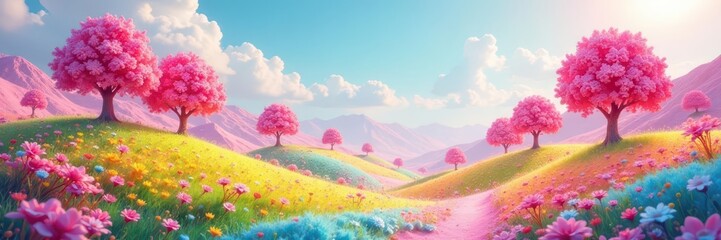 Fototapeta premium Whimsical landscape of colorful candy hills and gumdrop trees , jellybean, vibrant, sprinkles