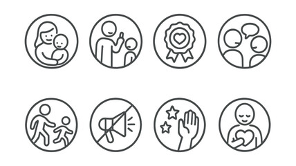 Line style icons of parenting values in circles: gentle parenting icon, positive discipline, respect badge, communication focus, independence support, no yelling symbol, encouragement icon, emotional