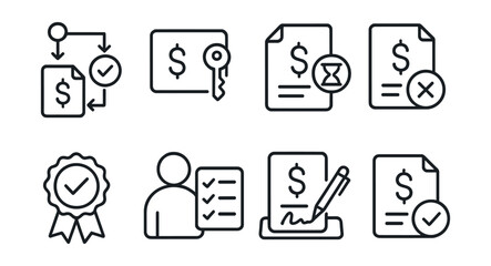 Line style icons of transactions: transaction approval workflow, transaction authorization key, approval pending icon, rejected transaction stamp, approved payment badge, reviewer checklist icon,