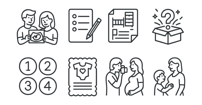 Line style icons of pregnancy: family announcement, baby name list, nursery planning, gender reveal box, pregnancy milestone stickers, baby shower invite, maternity photoshoot, sibling preparation.