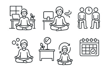 Line style icons of meditation and mindfulness: workplace mindfulness, desk meditation, short breath break, meeting pause icon, stress bubble release, quiet zone at work, productivity reset, clarity