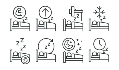 Line style icons of healthy sleep: athlete recovery sleep, performance boost icon, sleep before training, growth hormone icon, deep recovery icon, sleep and strength link, early bedtime athlete, post