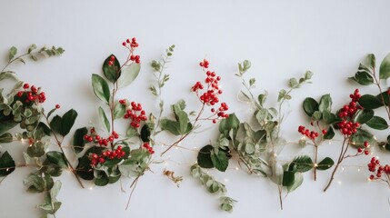 Festive Berry Bliss Holiday Greenery  Red Berries on White Backdrop.