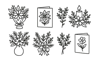 Line style icons of holiday floral arrangements: seasonal greeting bouquet, card with winter flower, floral message icon, cozy bloom style, soft candle centerpiece, snowy garden bouquet, festive