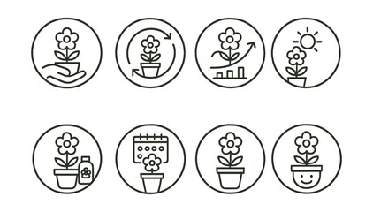 Line style icons of potted flowers: flower pot care icon, watering schedule ring, bloom cycle chart, sunlight requirement icon, bloom boost fertilizer, weekly care icon, monthly repotting alert, pot